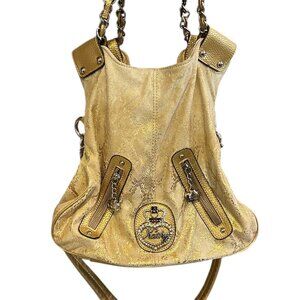 Kathy Van Zeeland Gold Metallic Shoulder Bag Studded Glam Purse Slouchy Tote Vtg